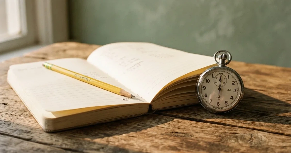 An open notebook with a pencil and a stopwatch on a wooden table