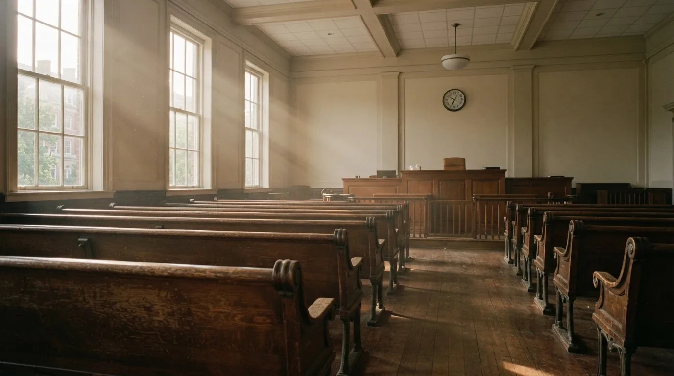 An empty courtroom with wooden benches in morning light