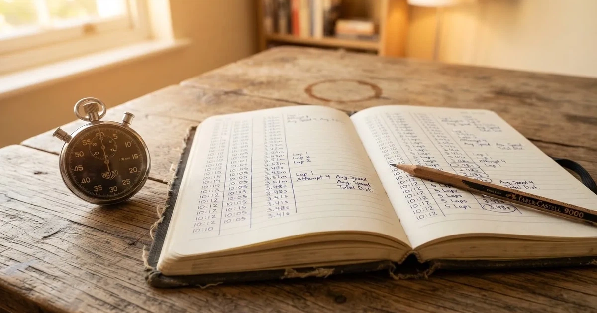 An open notebook with a pencil and a stopwatch on a wooden table