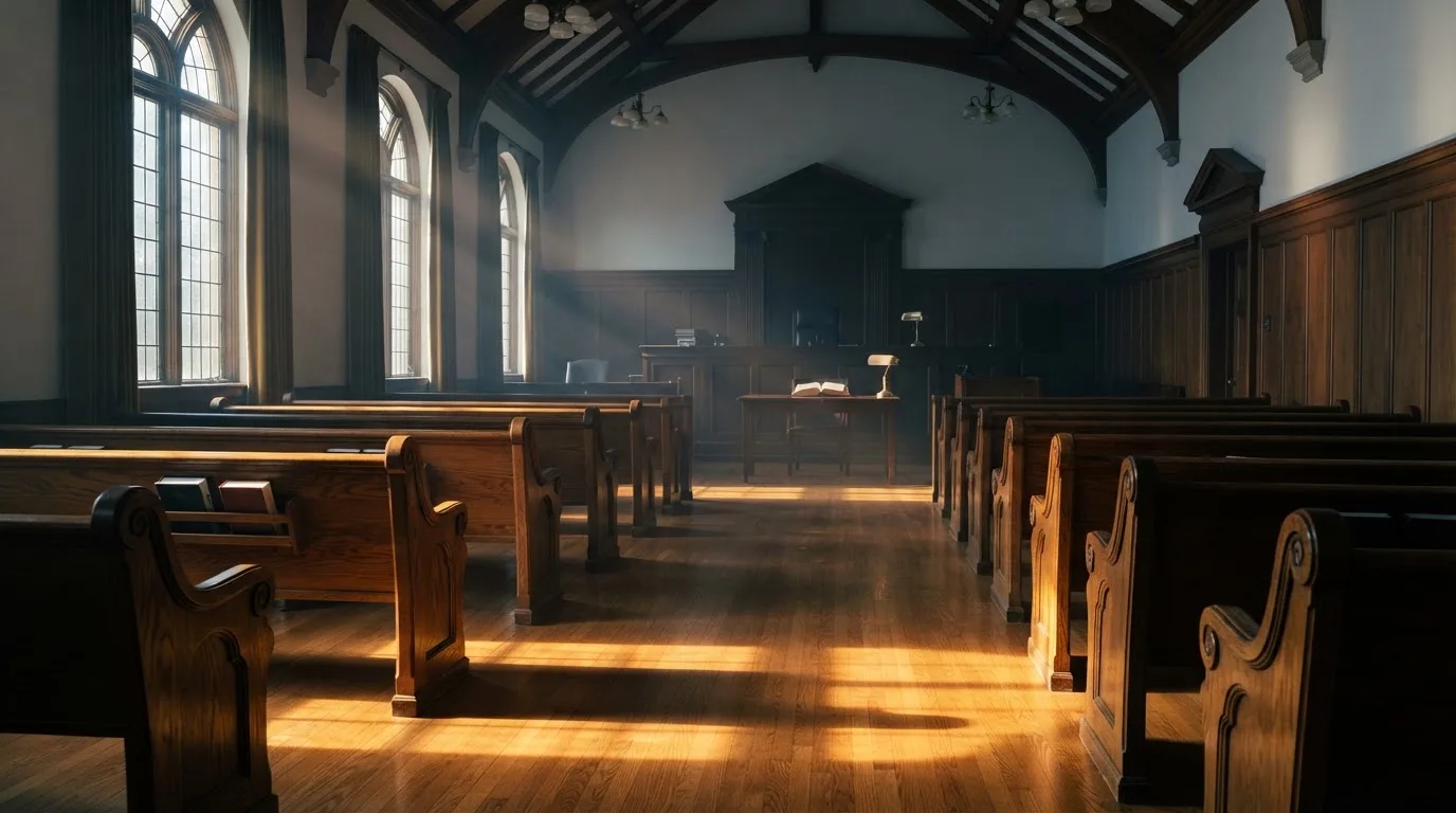 An empty courtroom with wooden benches in morning light