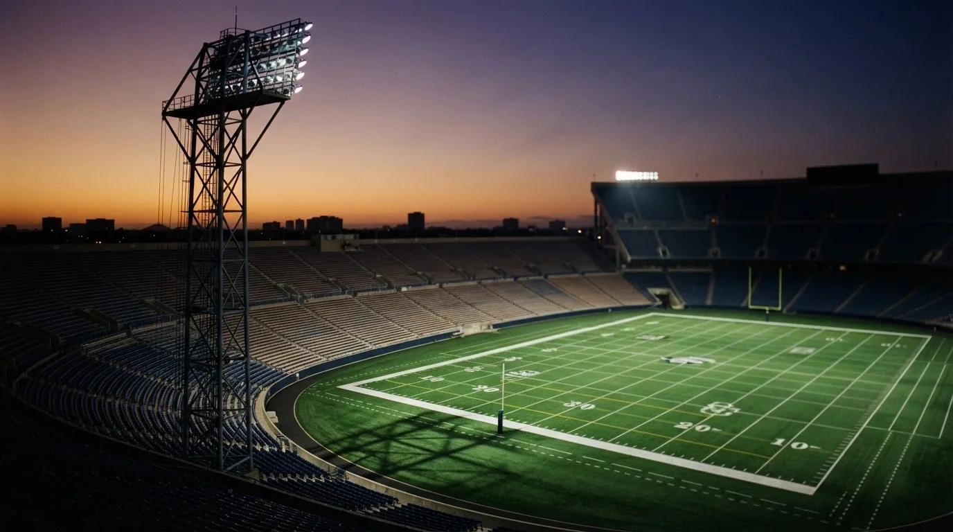 An empty football stadium with floodlight masts at dusk