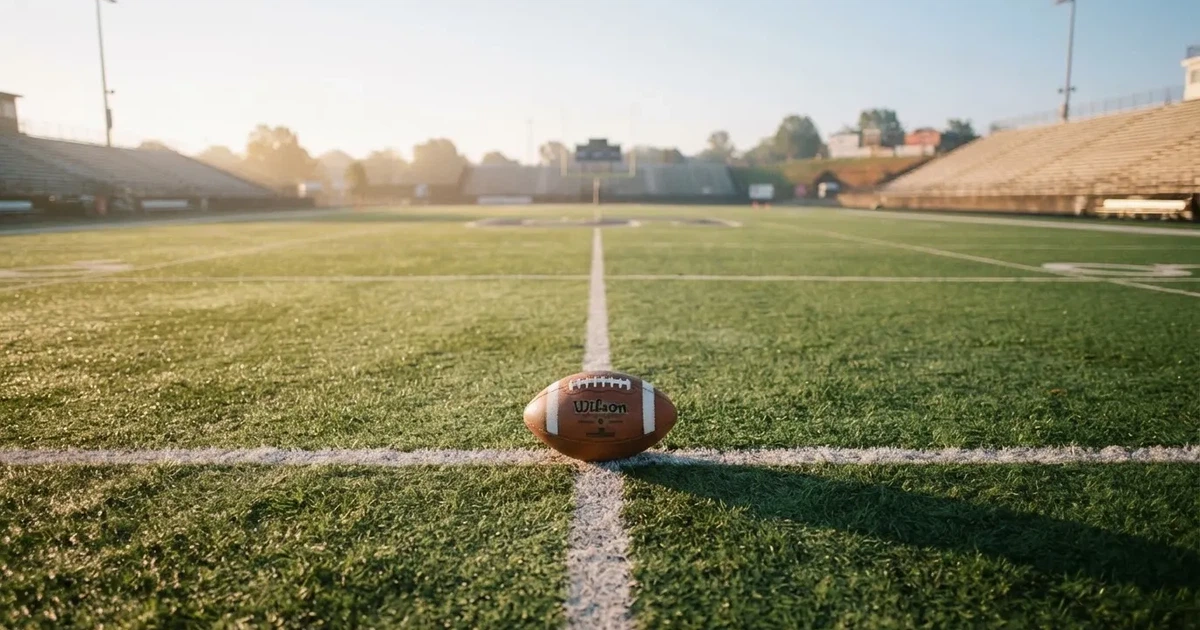 A ball on the centre spot of a grass pitch in morning light