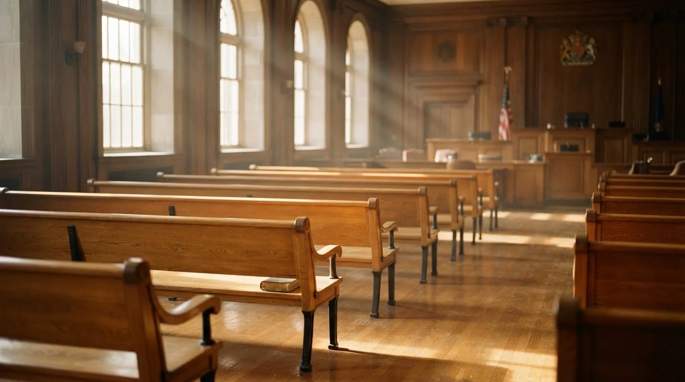 An empty courtroom with wooden benches in morning light