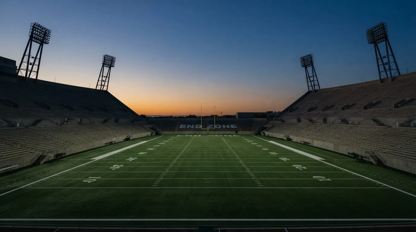 An empty football stadium with floodlight masts at dusk