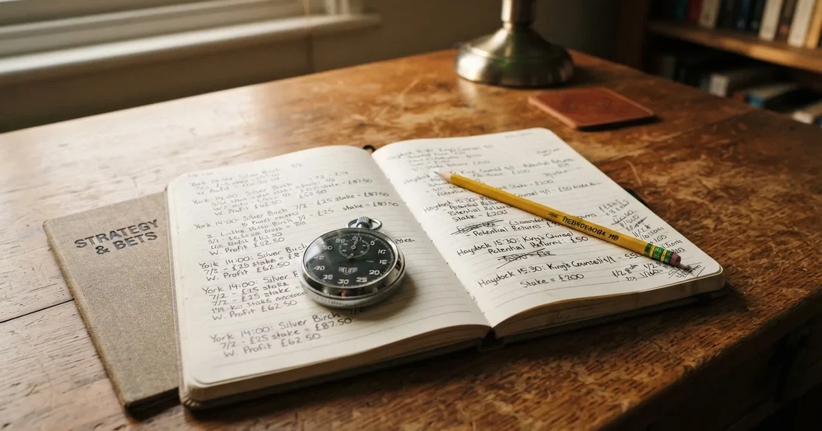 An open notebook with a pencil and a stopwatch on a wooden table