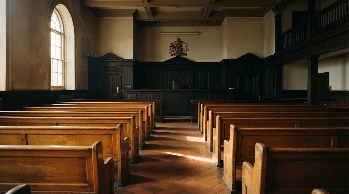 An empty courtroom with wooden benches in morning light