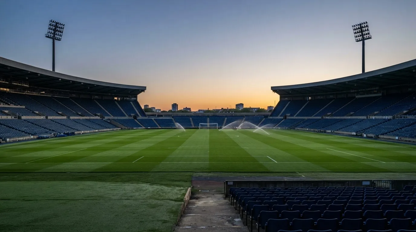 An empty football stadium with floodlight masts at dusk