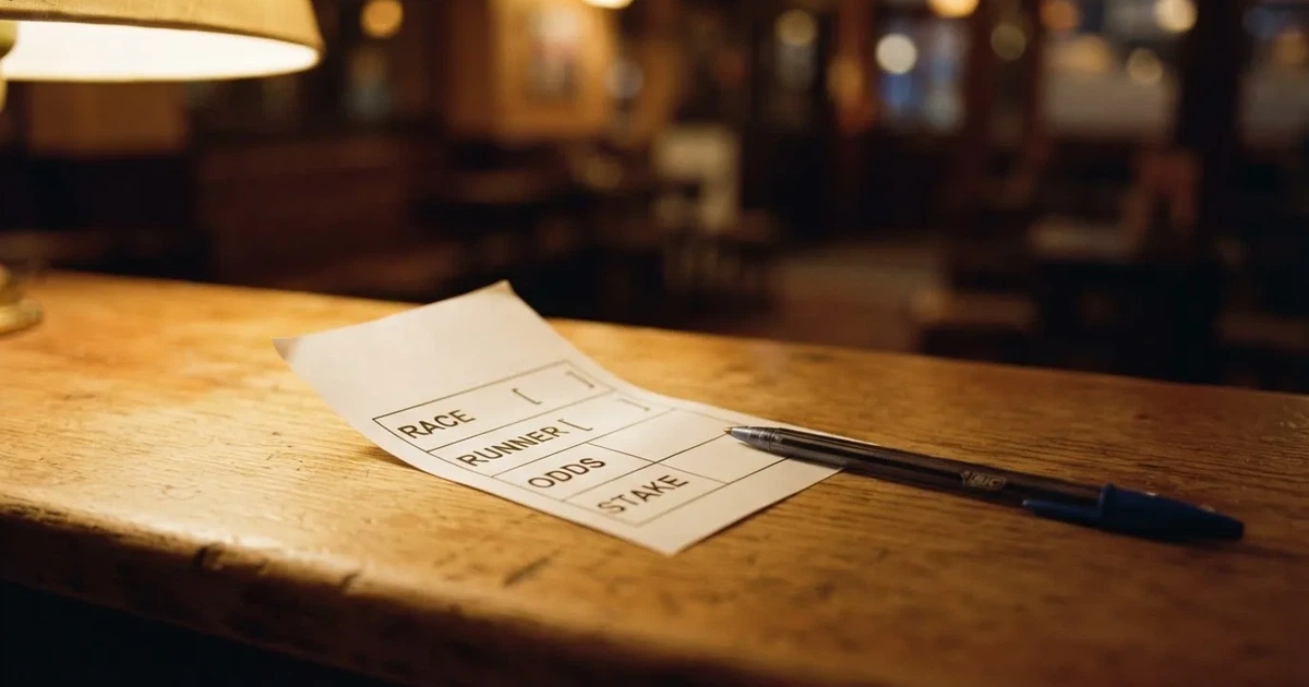 A blank paper betting slip beside a pen on a wooden counter