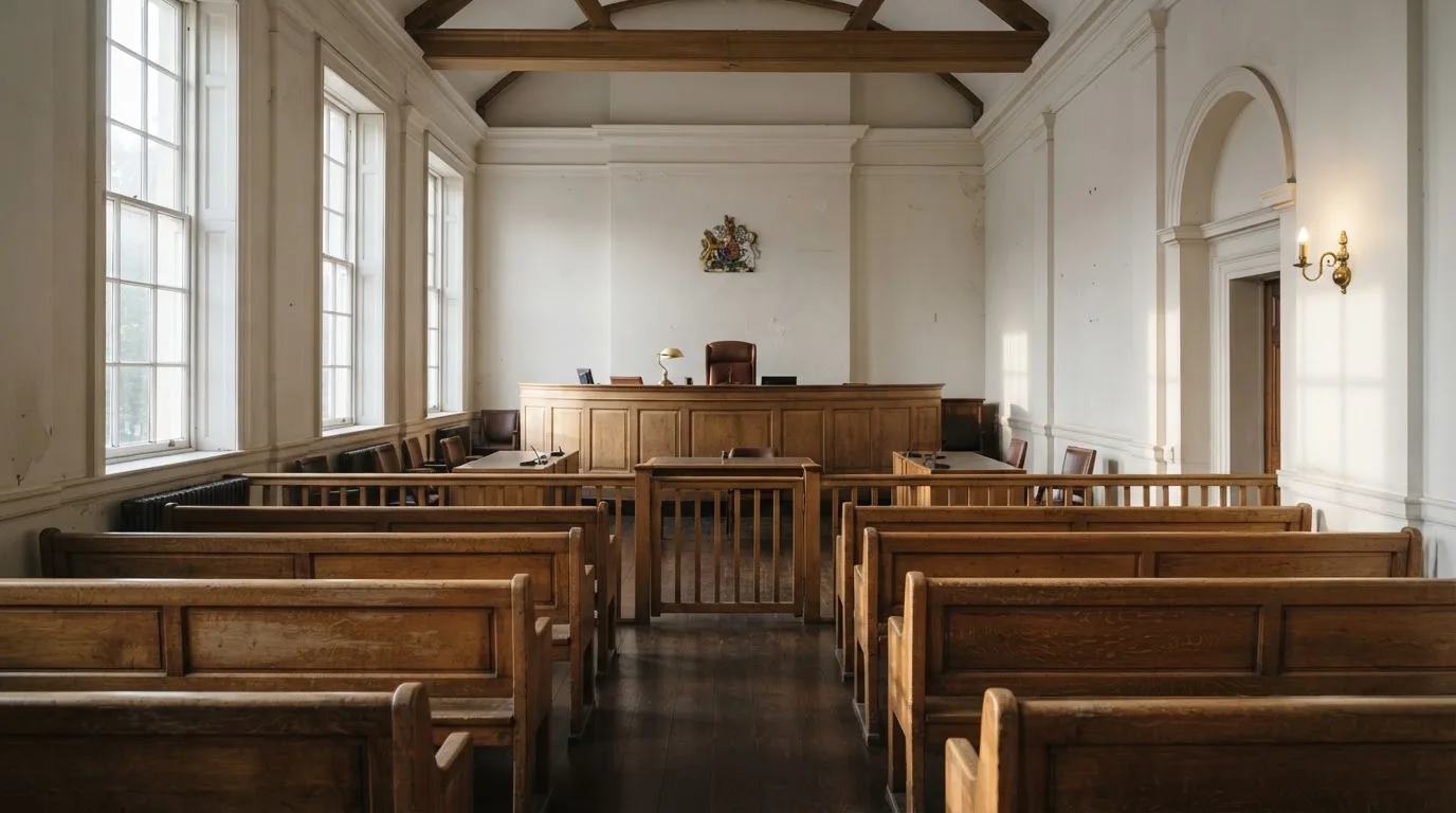 An empty courtroom with wooden benches in morning light