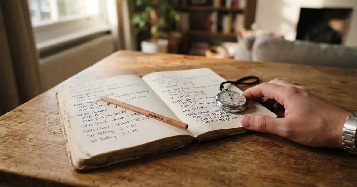 An open notebook with a pencil and a stopwatch on a wooden table