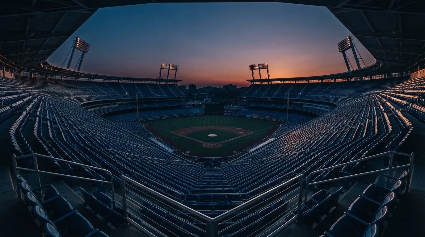 An empty football stadium with floodlight masts at dusk