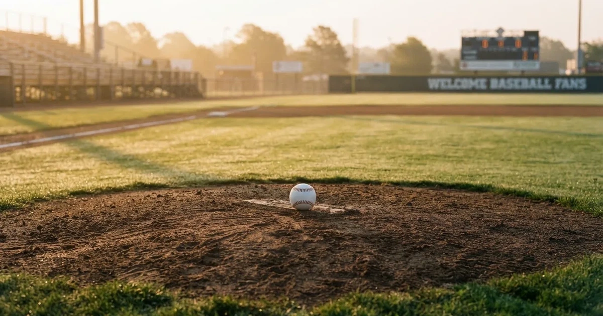 A ball on the centre spot of a grass pitch in morning light