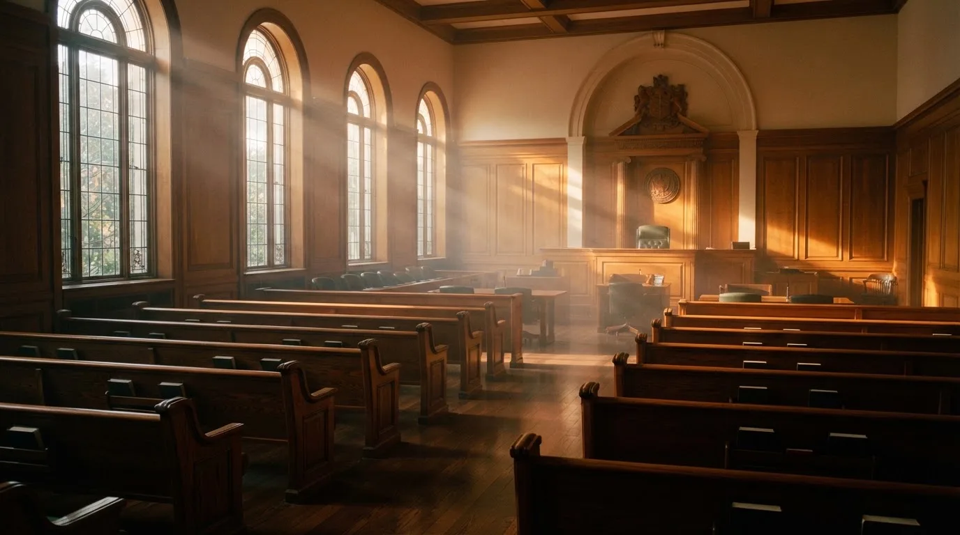 An empty courtroom with wooden benches in morning light