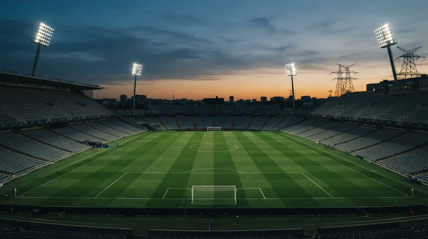 An empty football stadium with floodlight masts at dusk