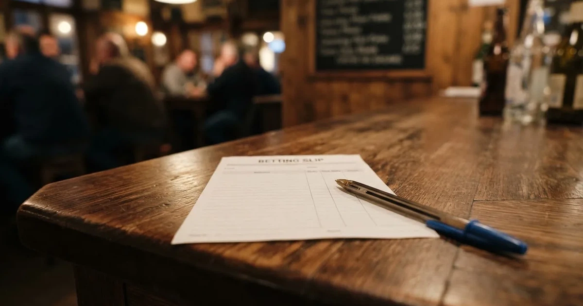 A blank paper betting slip beside a pen on a wooden counter