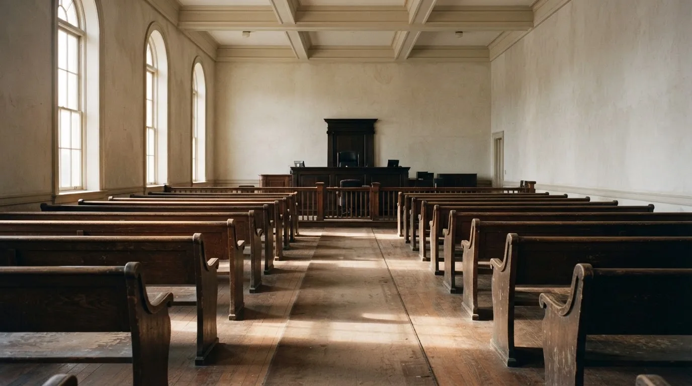 An empty courtroom with wooden benches in morning light