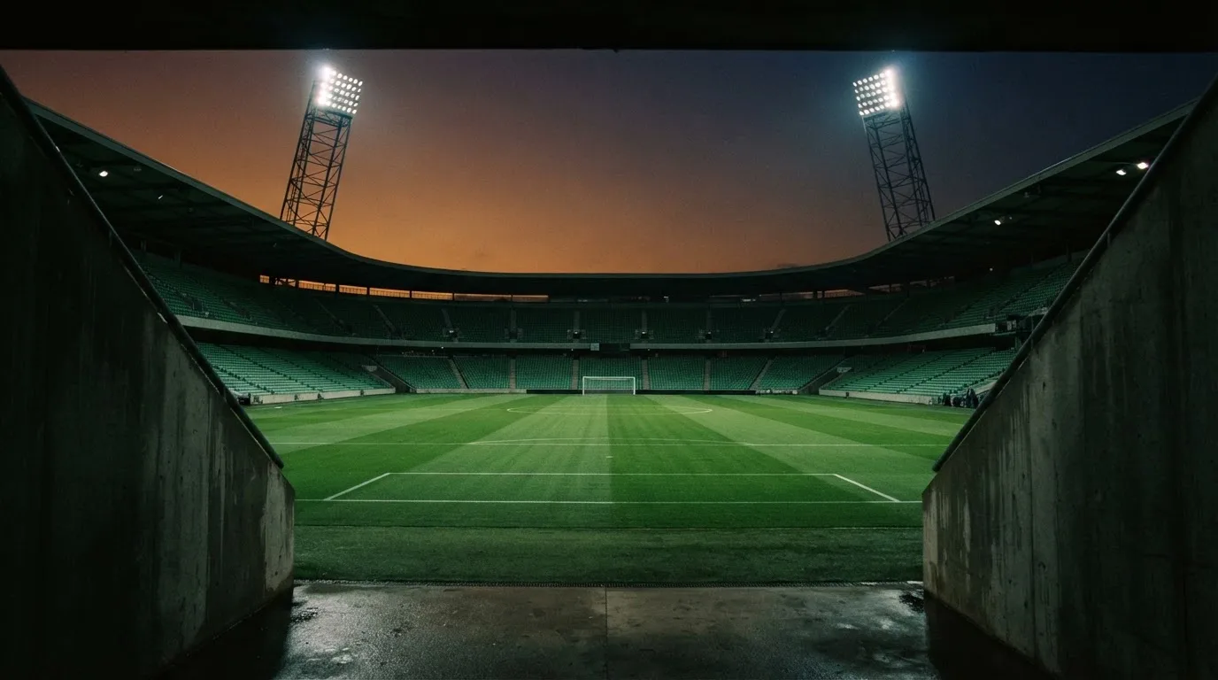 An empty football stadium with floodlight masts at dusk