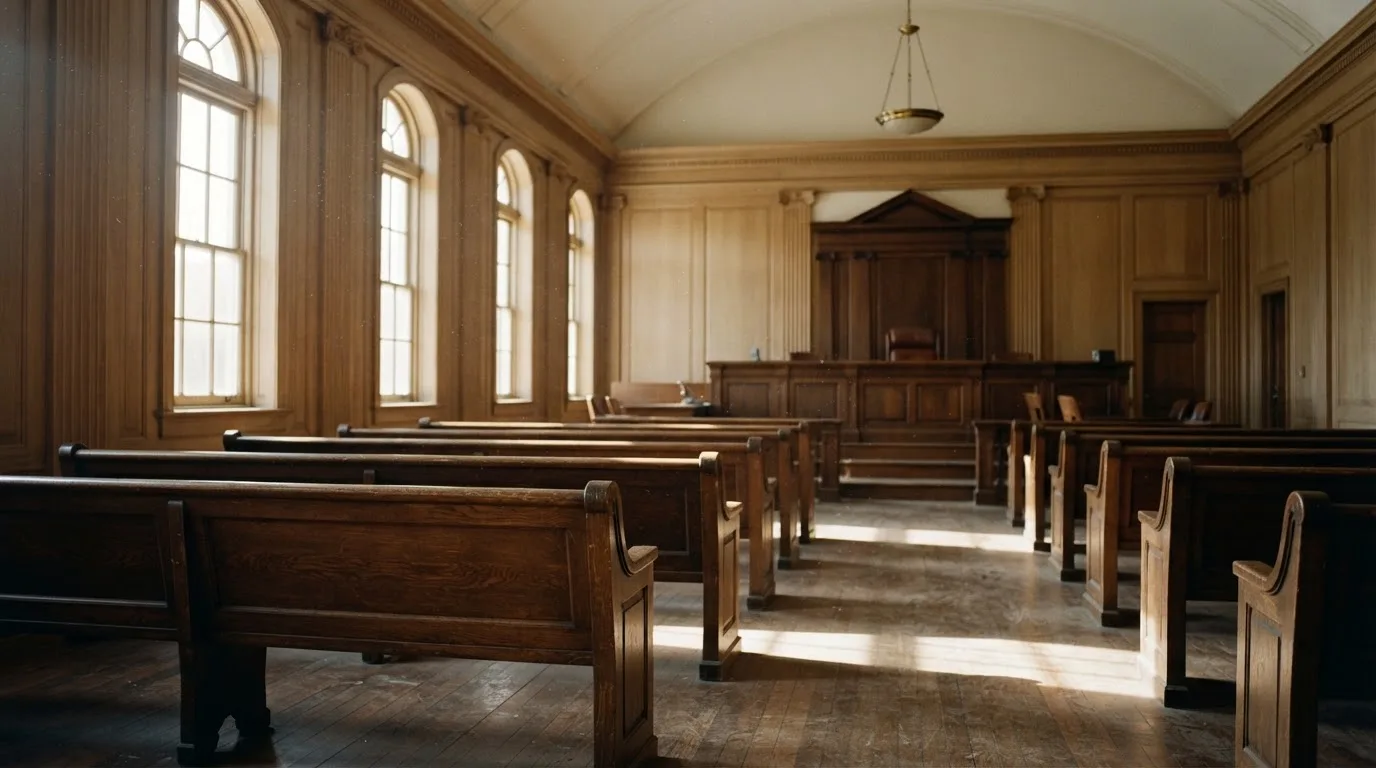 An empty courtroom with wooden benches in morning light