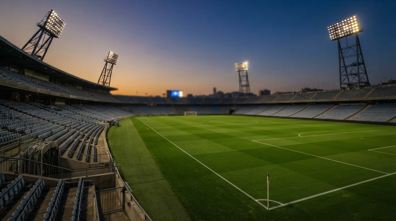 An empty football stadium with floodlight masts at dusk