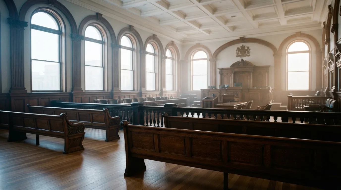 An empty courtroom with wooden benches in morning light