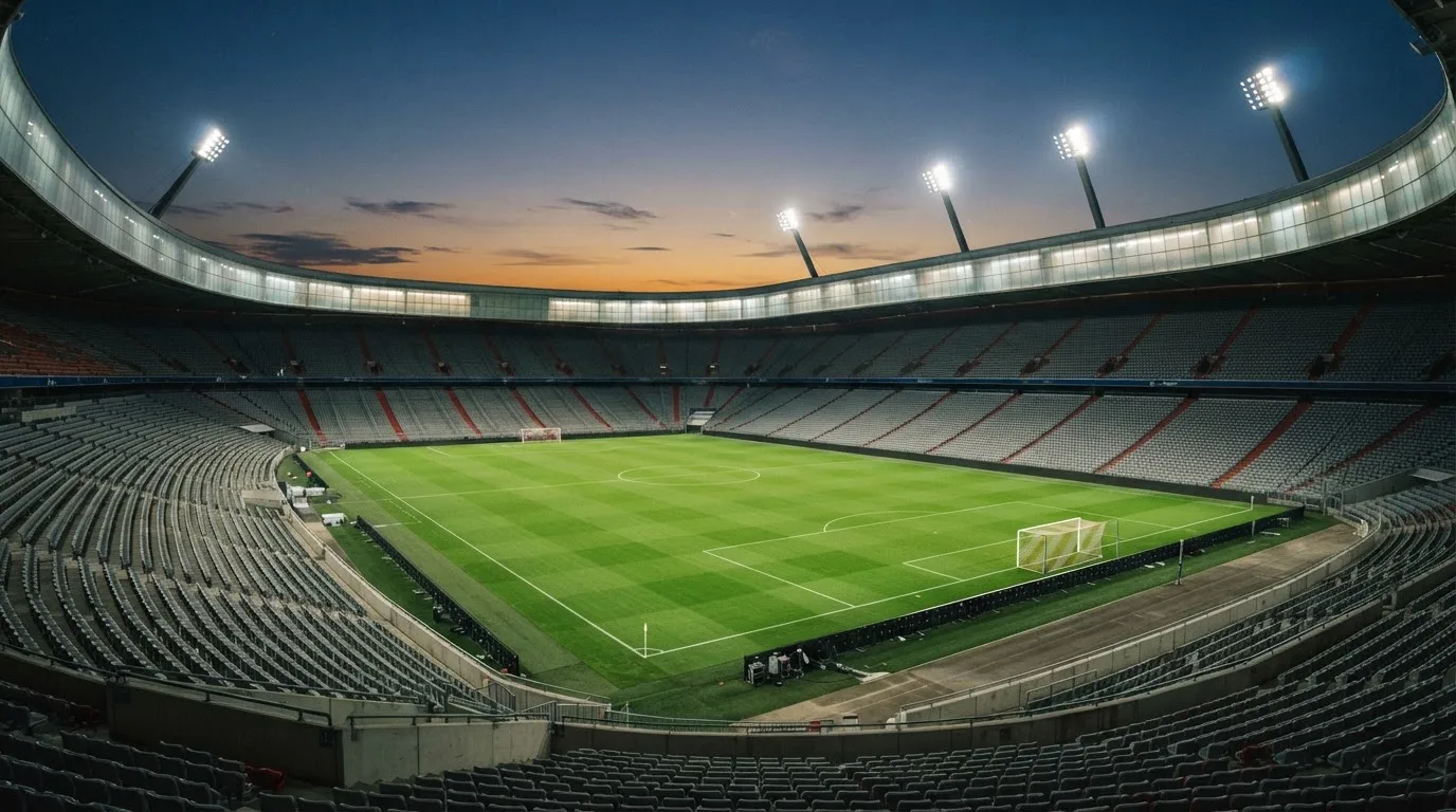 An empty football stadium with floodlight masts at dusk