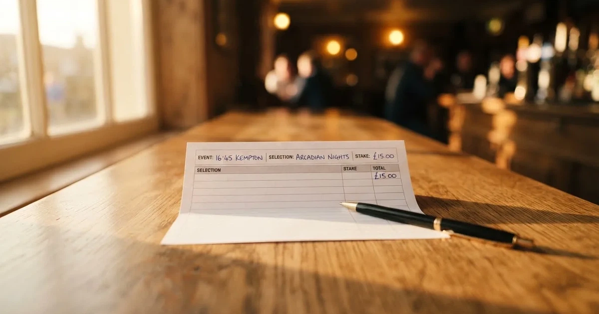 A blank paper betting slip beside a pen on a wooden counter