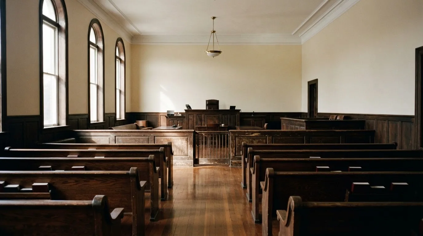 An empty courtroom with wooden benches in morning light