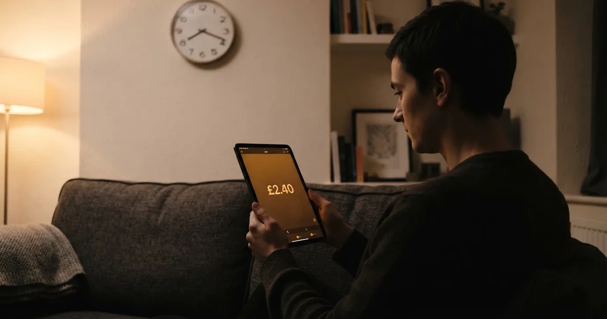 A person on a sofa looking thoughtfully at a tablet, a wall clock in the background