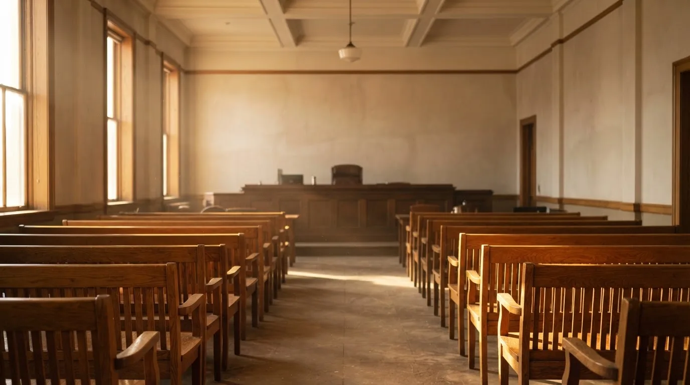 An empty courtroom with wooden benches in morning light