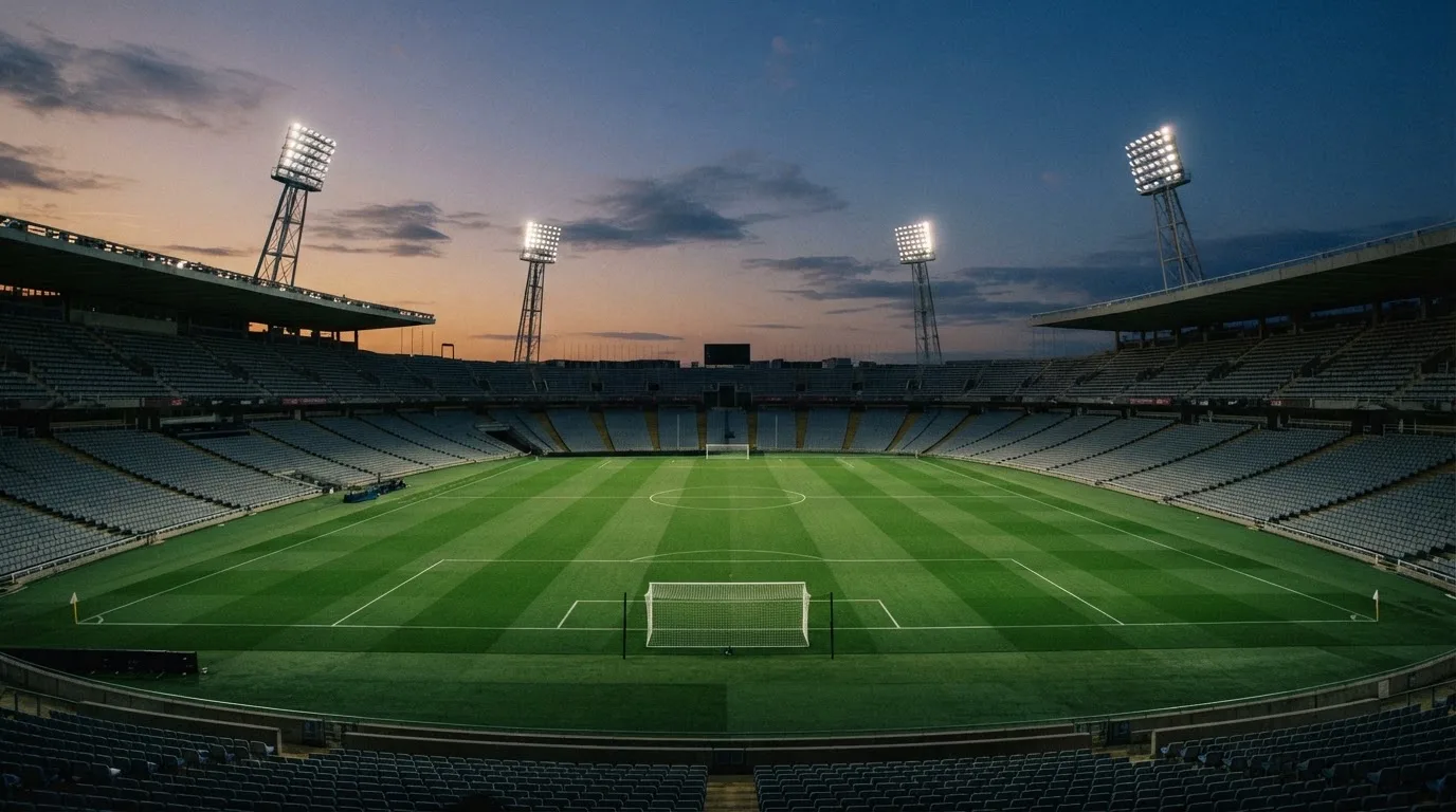 An empty football stadium with floodlight masts at dusk