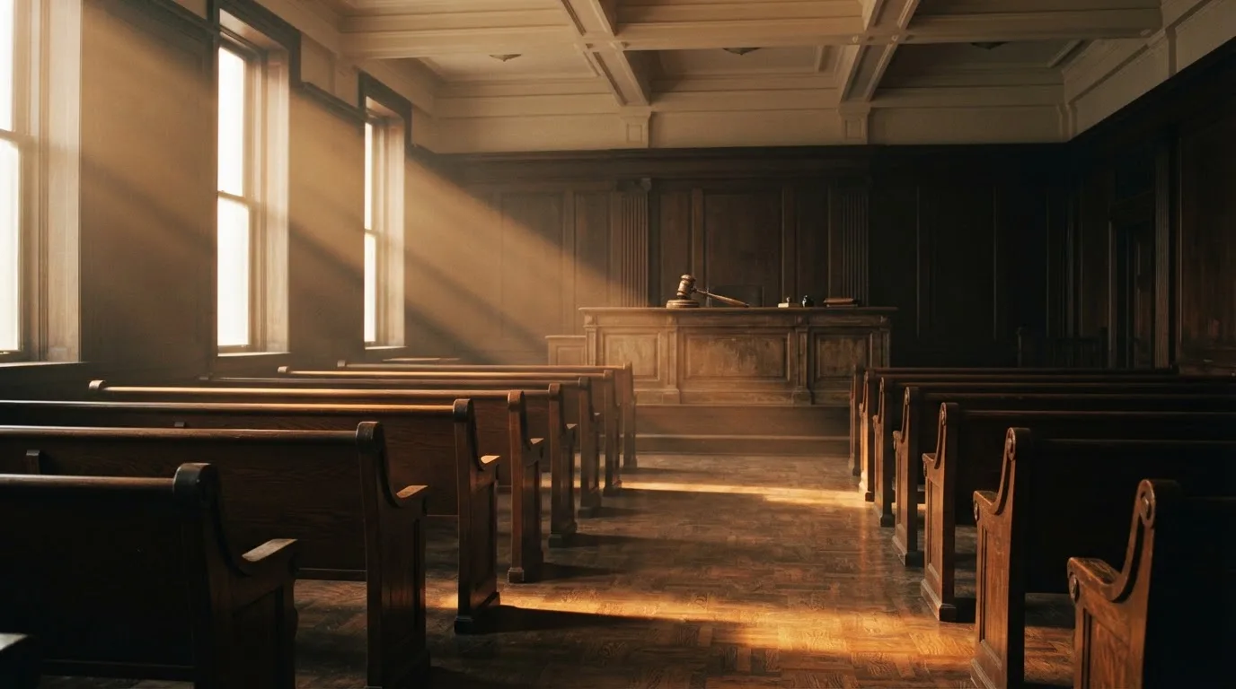 An empty courtroom with wooden benches in morning light