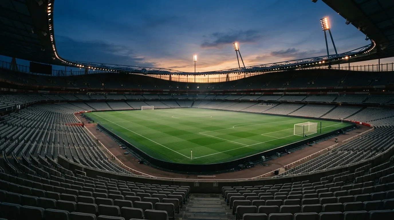 An empty football stadium with floodlight masts at dusk