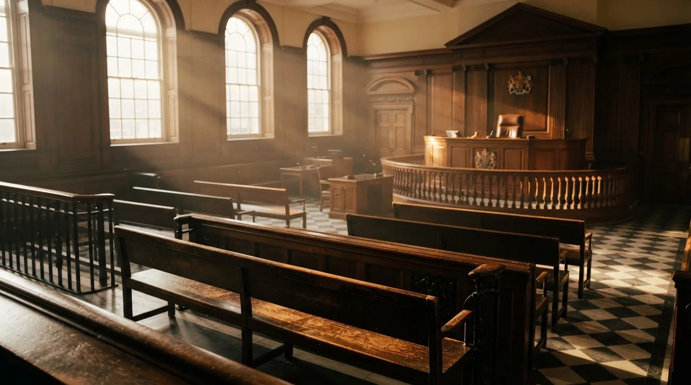 An empty courtroom with wooden benches in morning light