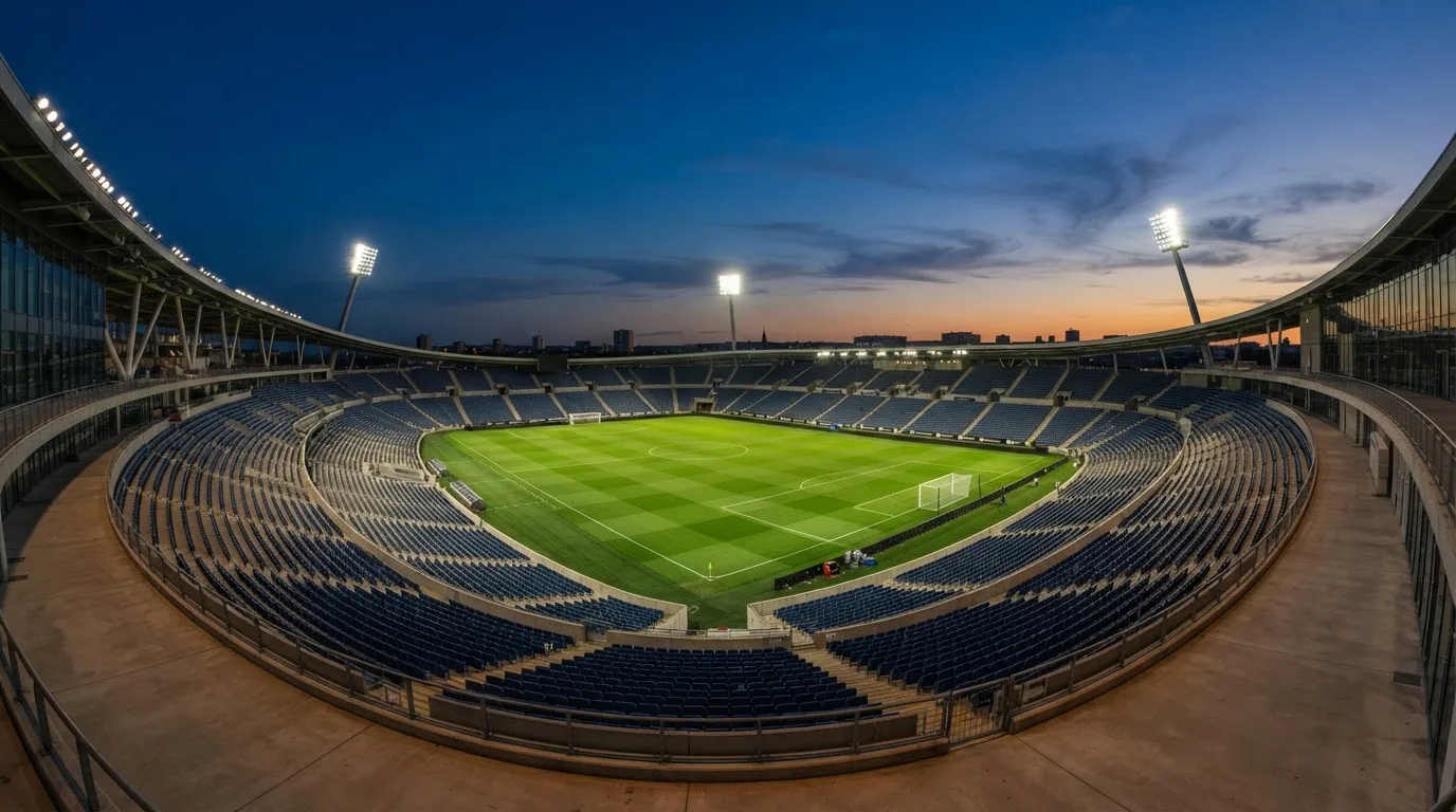 An empty football stadium with floodlight masts at dusk