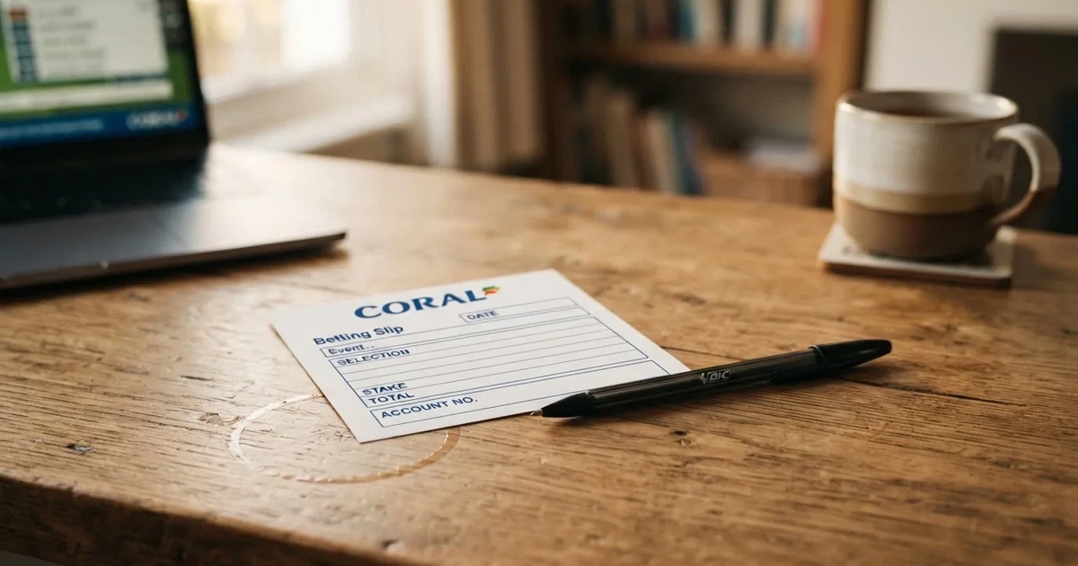 A blank paper betting slip beside a pen on a wooden counter