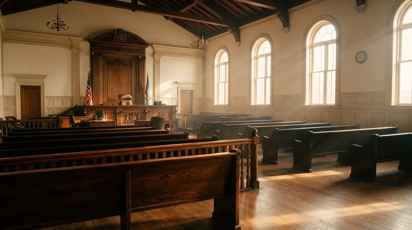 An empty courtroom with wooden benches in morning light