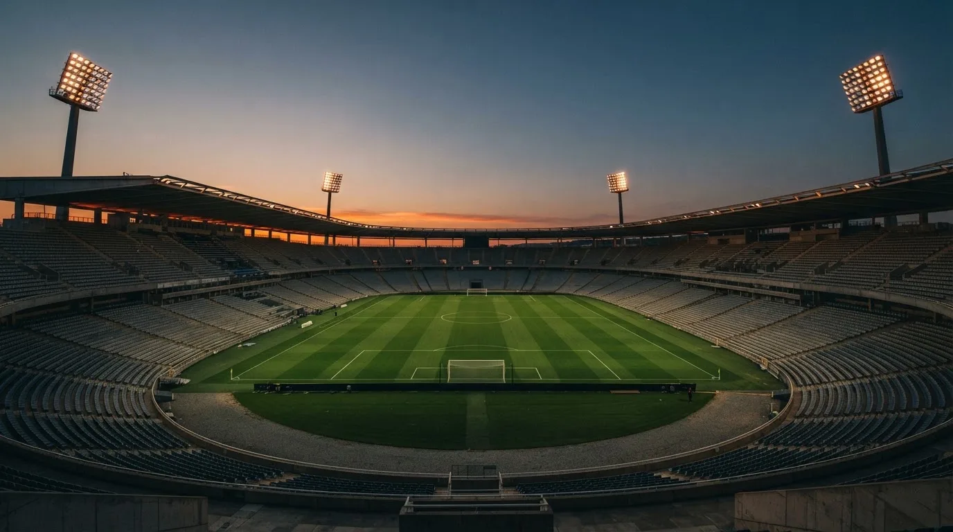 An empty football stadium with floodlight masts at dusk