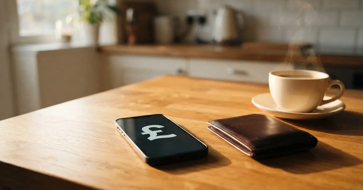 A smartphone on a wooden table beside a wallet and a coffee cup