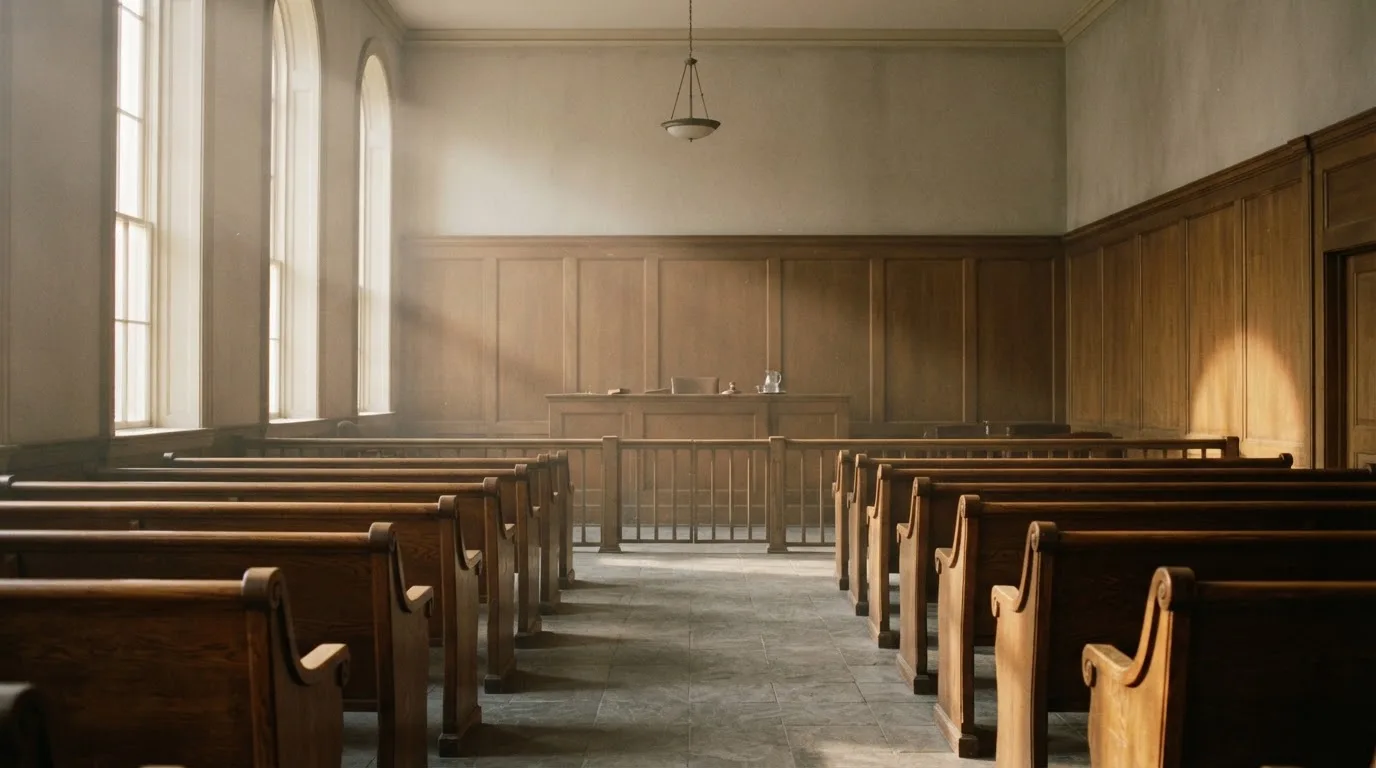 An empty courtroom with wooden benches in morning light