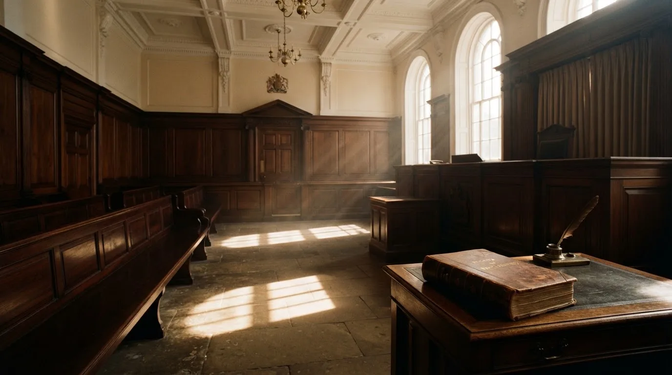 An empty courtroom with wooden benches in morning light