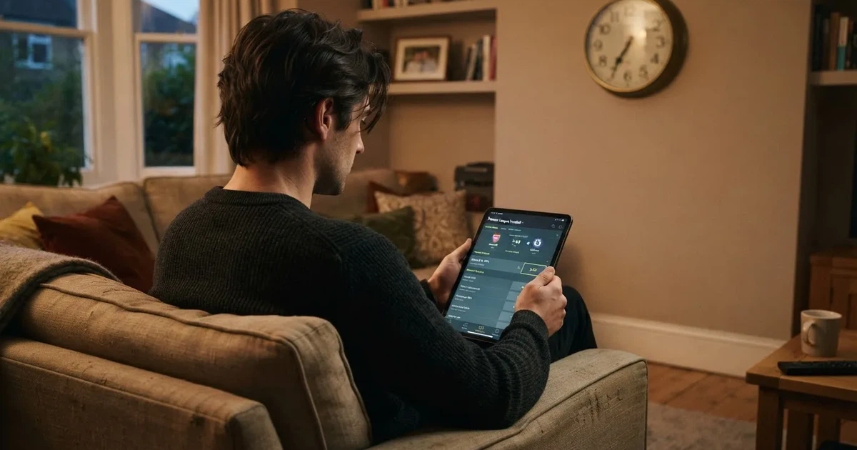 A person on a sofa looking thoughtfully at a tablet, a wall clock in the background