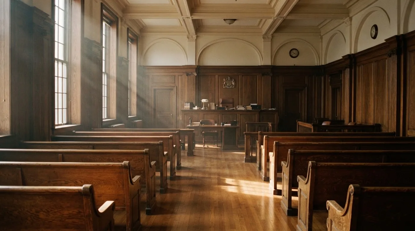 An empty courtroom with wooden benches in morning light