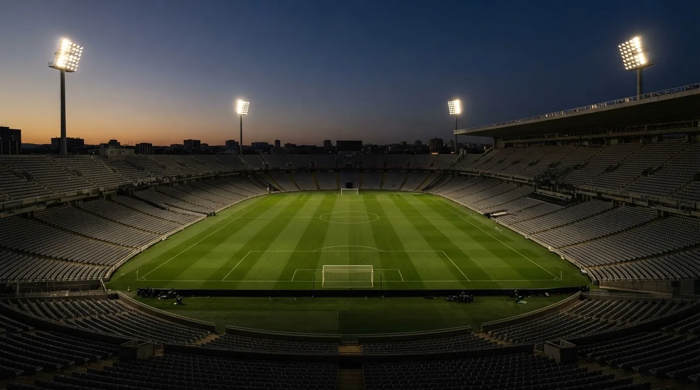 An empty football stadium with floodlight masts at dusk