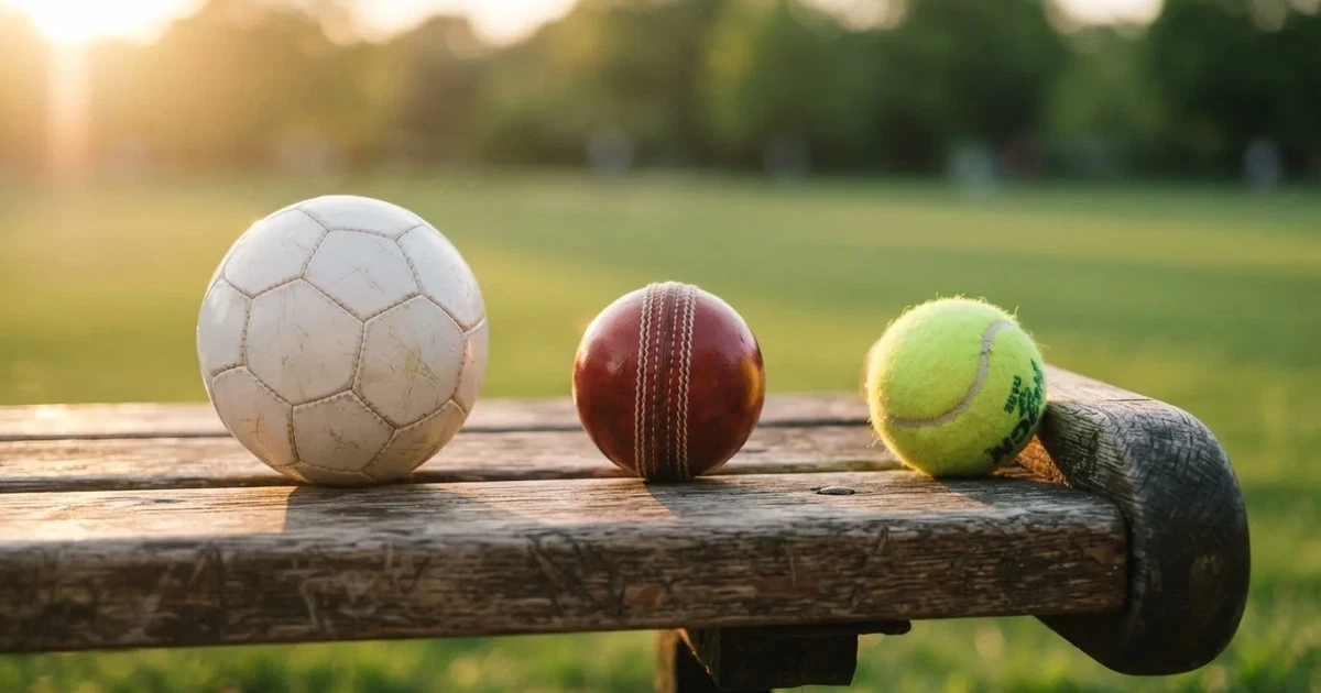 Three balls of different kinds side by side on a wooden bench