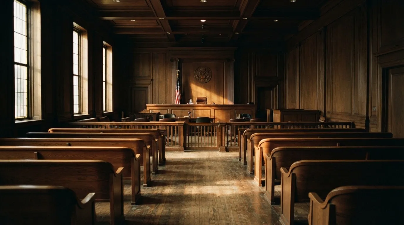 An empty courtroom with wooden benches in morning light