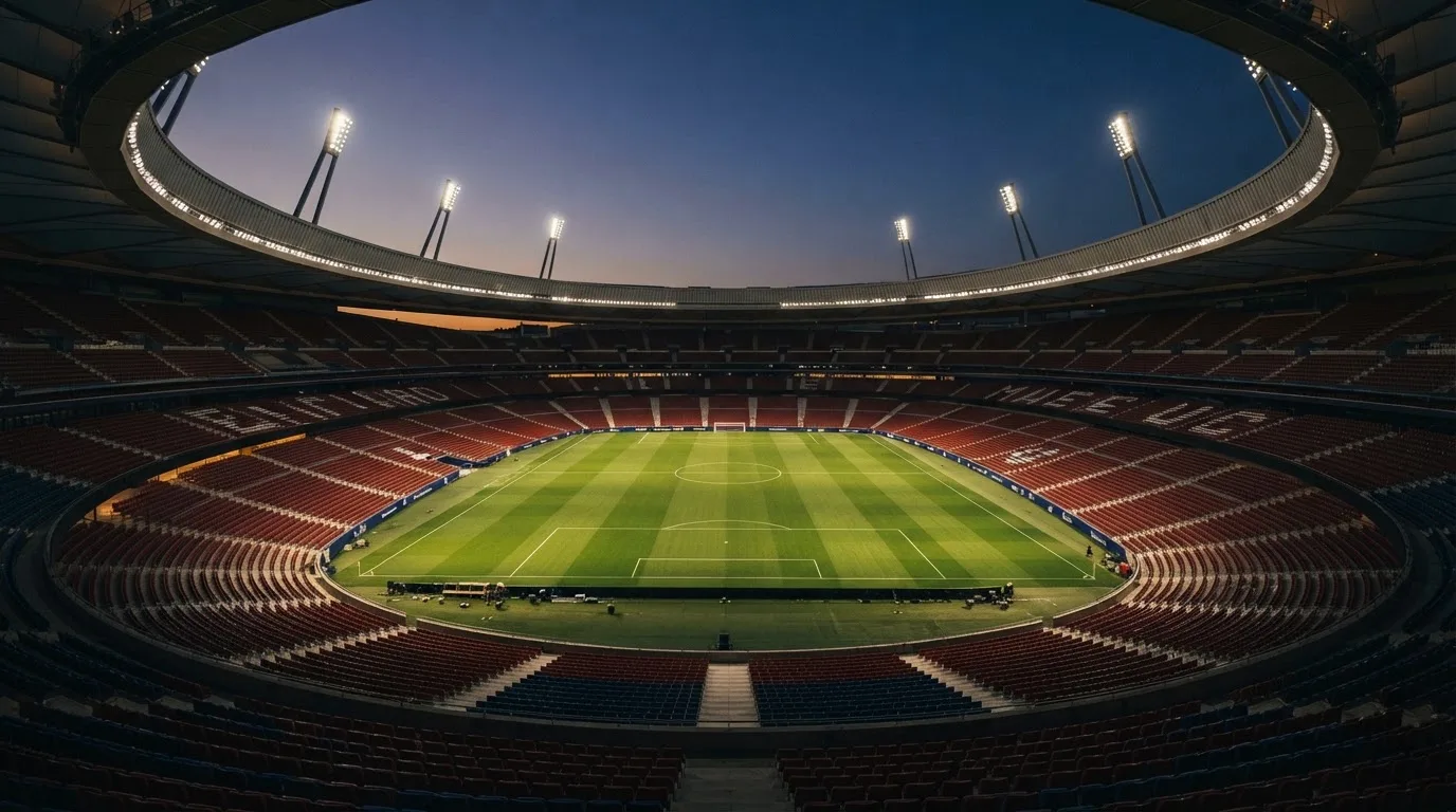 An empty football stadium with floodlight masts at dusk