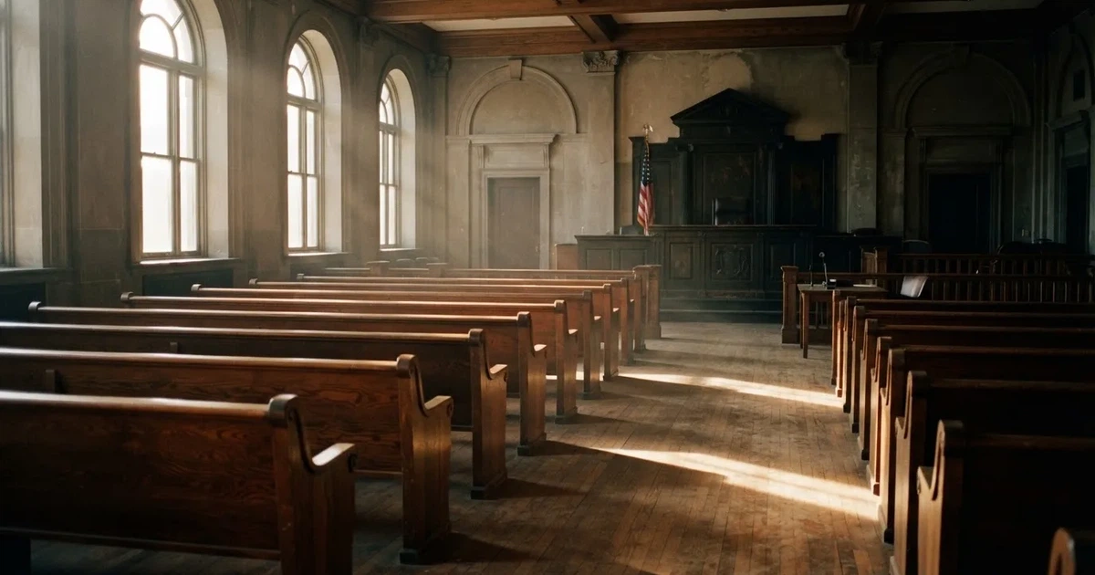An empty courtroom with wooden benches in morning light