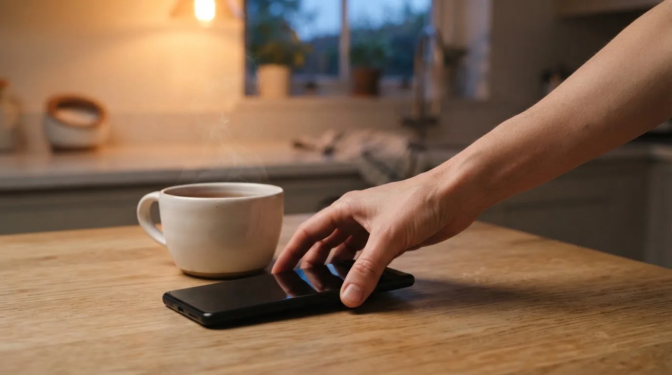 A hand setting a smartphone down beside a cup of tea on a kitchen table on a quiet evening