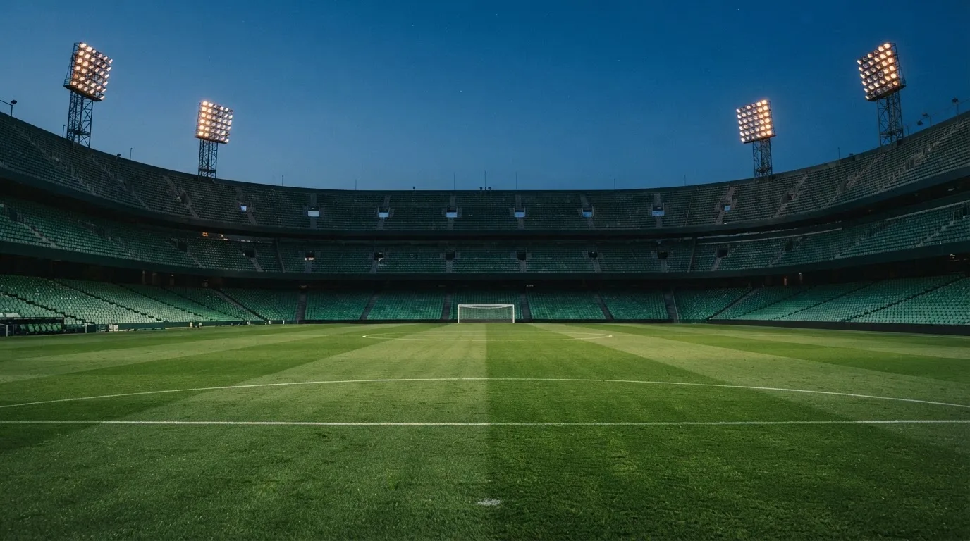 An empty football stadium with floodlight masts at dusk