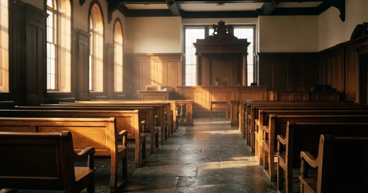 An empty courtroom with wooden benches in morning light